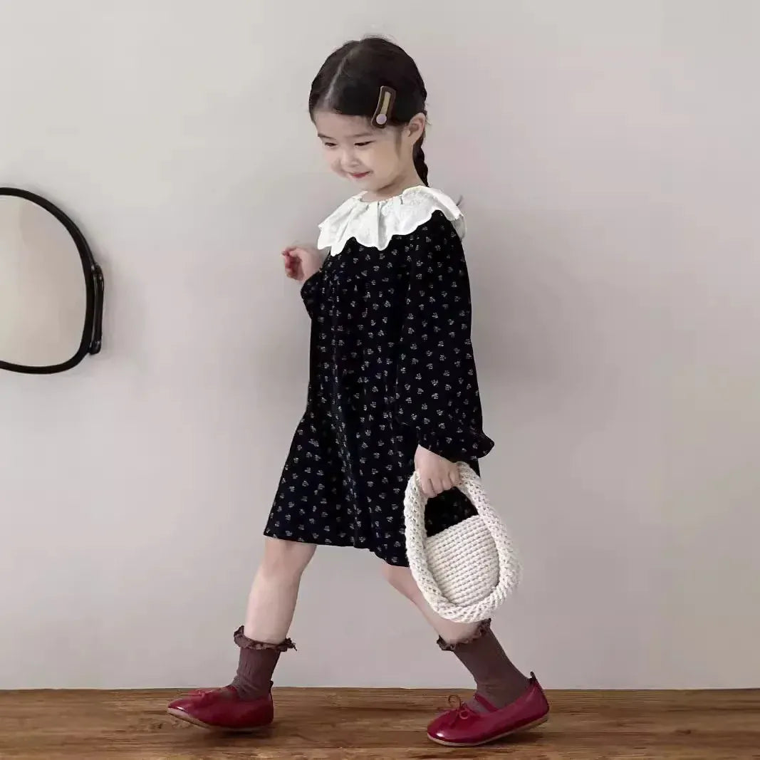 長袖ワンピース キッズワンピース ラッフル襟フラワープリントレトロ長袖ワンピース【mh0007465】