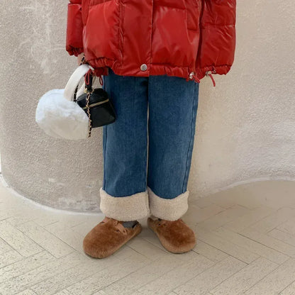 デニムパンツ キッズパンツ 裾ボアフリースデニムロングパンツジーンズジーパン【mh0007475】