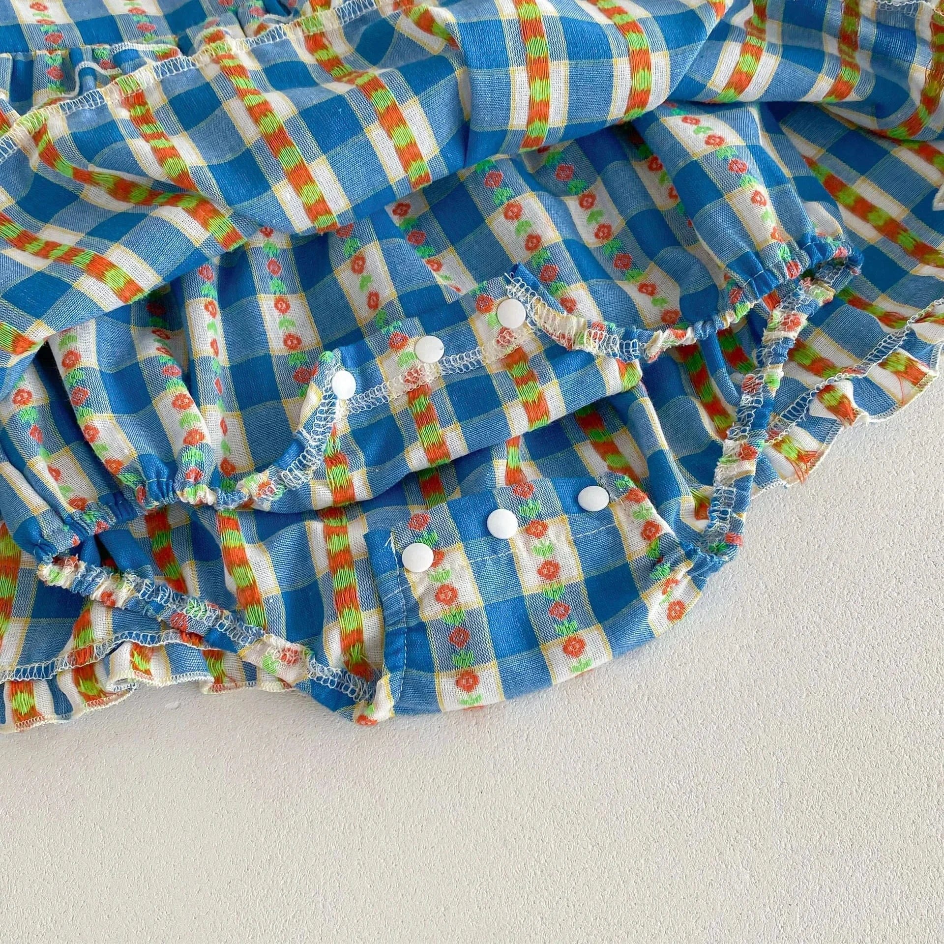 長袖ロンパース ベビーロンパース チェックフリル長袖ワンピースボディスーツ ブルー【mh0007487】