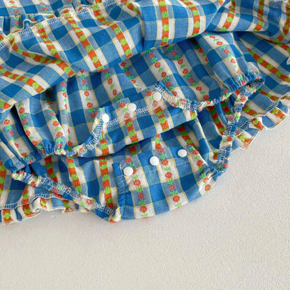 長袖ロンパース ベビーロンパース チェックフリル長袖ワンピースボディスーツ ブルー【mh0007487】