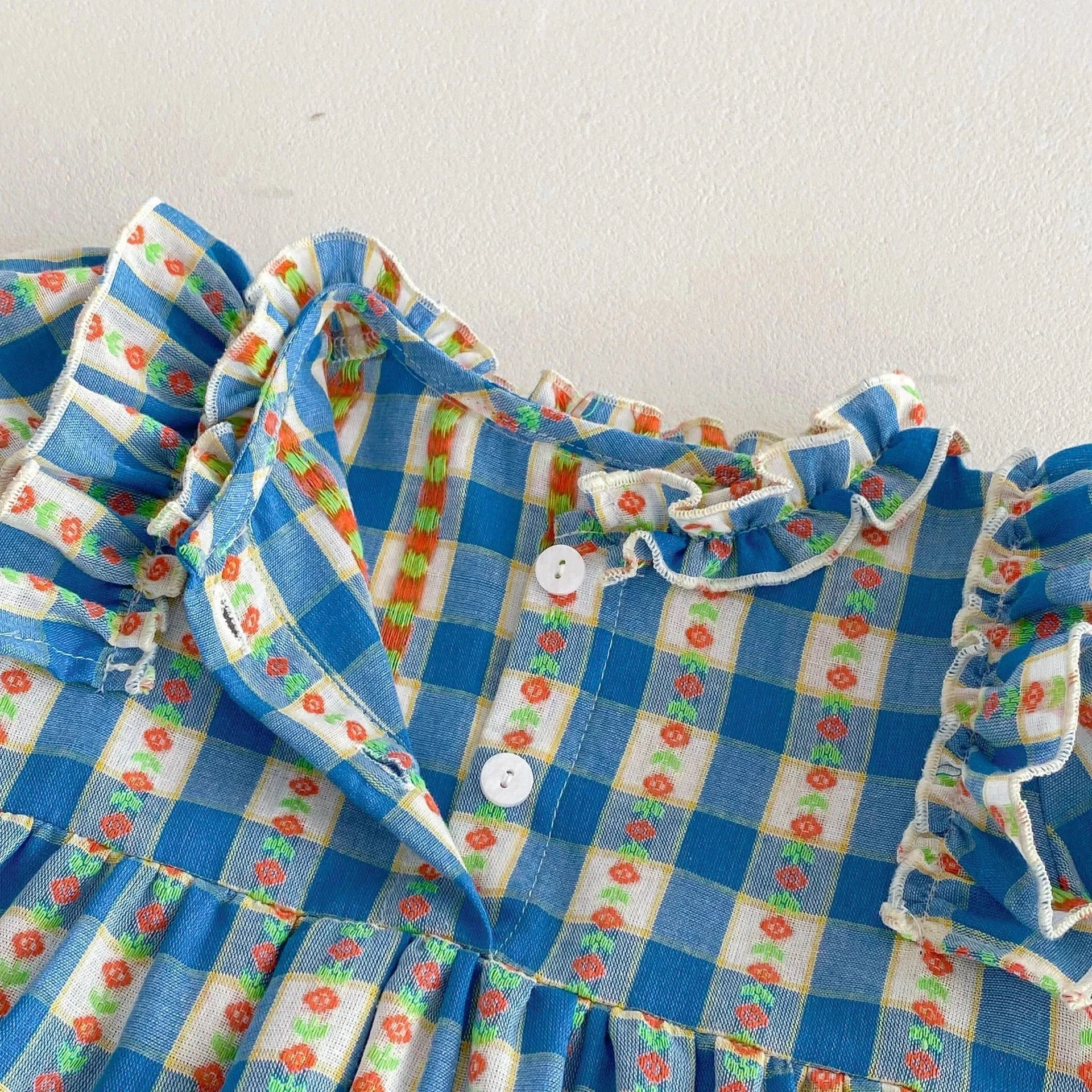 長袖ロンパース ベビーロンパース チェックフリル長袖ワンピースボディスーツ ブルー【mh0007487】