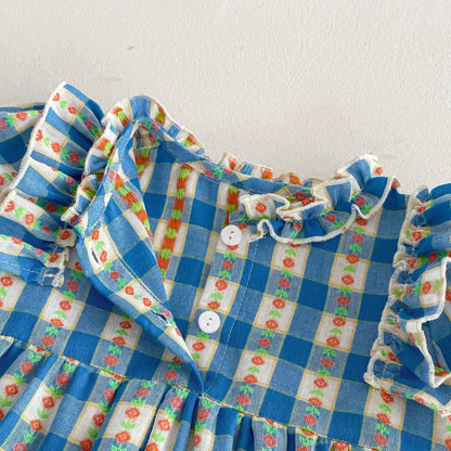 長袖ロンパース ベビーロンパース チェックフリル長袖ワンピースボディスーツ ブルー【mh0007487】