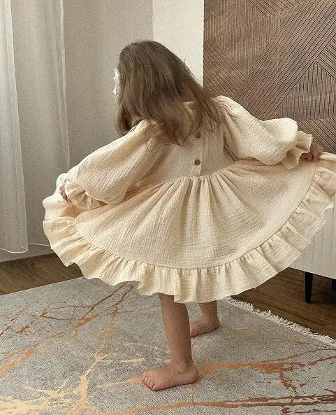 長袖ワンピース キッズワンピース コットンリネンフリルスリットヘム長袖ドレスワンピース ベージュ【mh0007491】