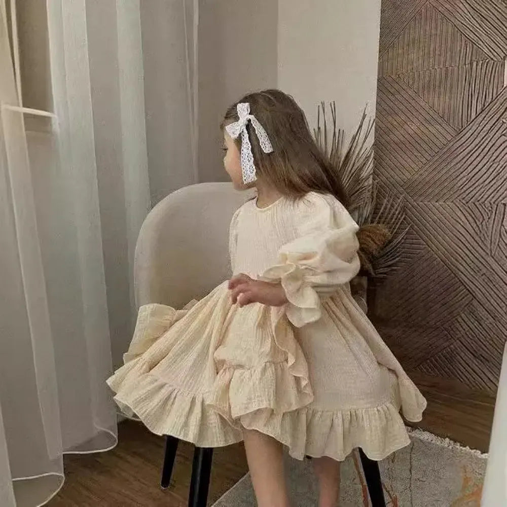 長袖ワンピース キッズワンピース コットンリネンフリルスリットヘム長袖ドレスワンピース ベージュ【mh0007491】