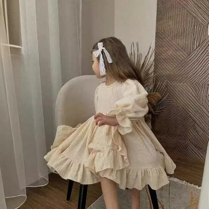 長袖ワンピース キッズワンピース コットンリネンフリルスリットヘム長袖ドレスワンピース ベージュ【mh0007491】