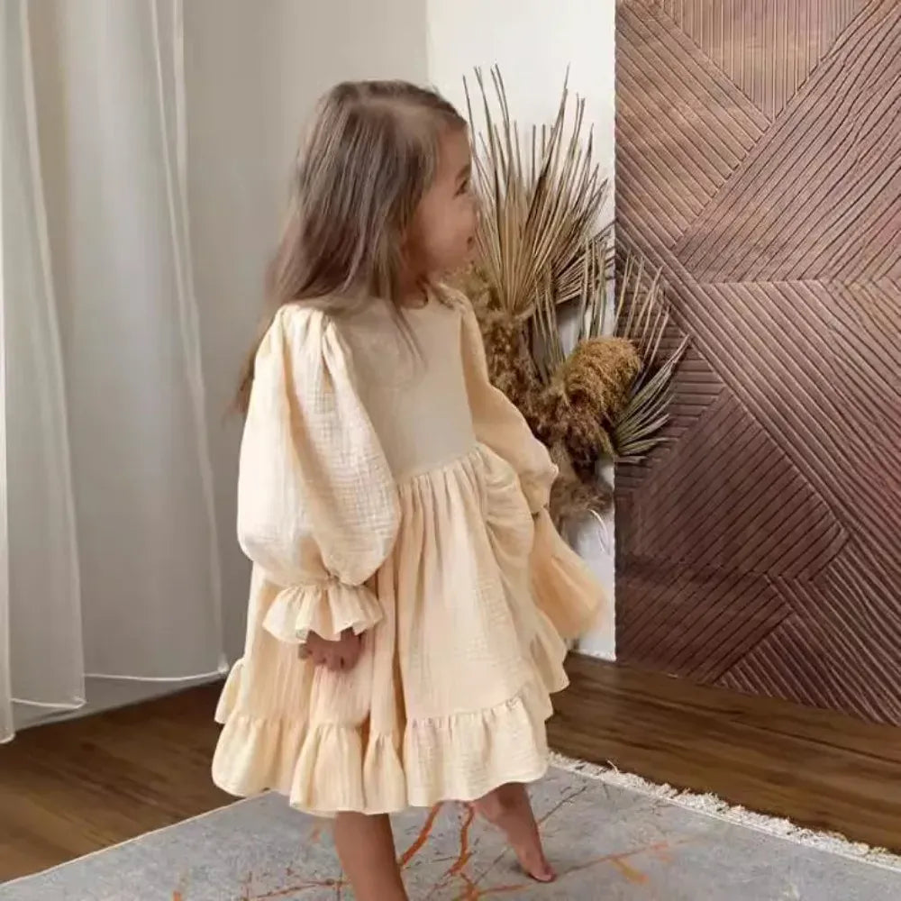 長袖ワンピース キッズワンピース コットンリネンフリルスリットヘム長袖ドレスワンピース ベージュ【mh0007491】