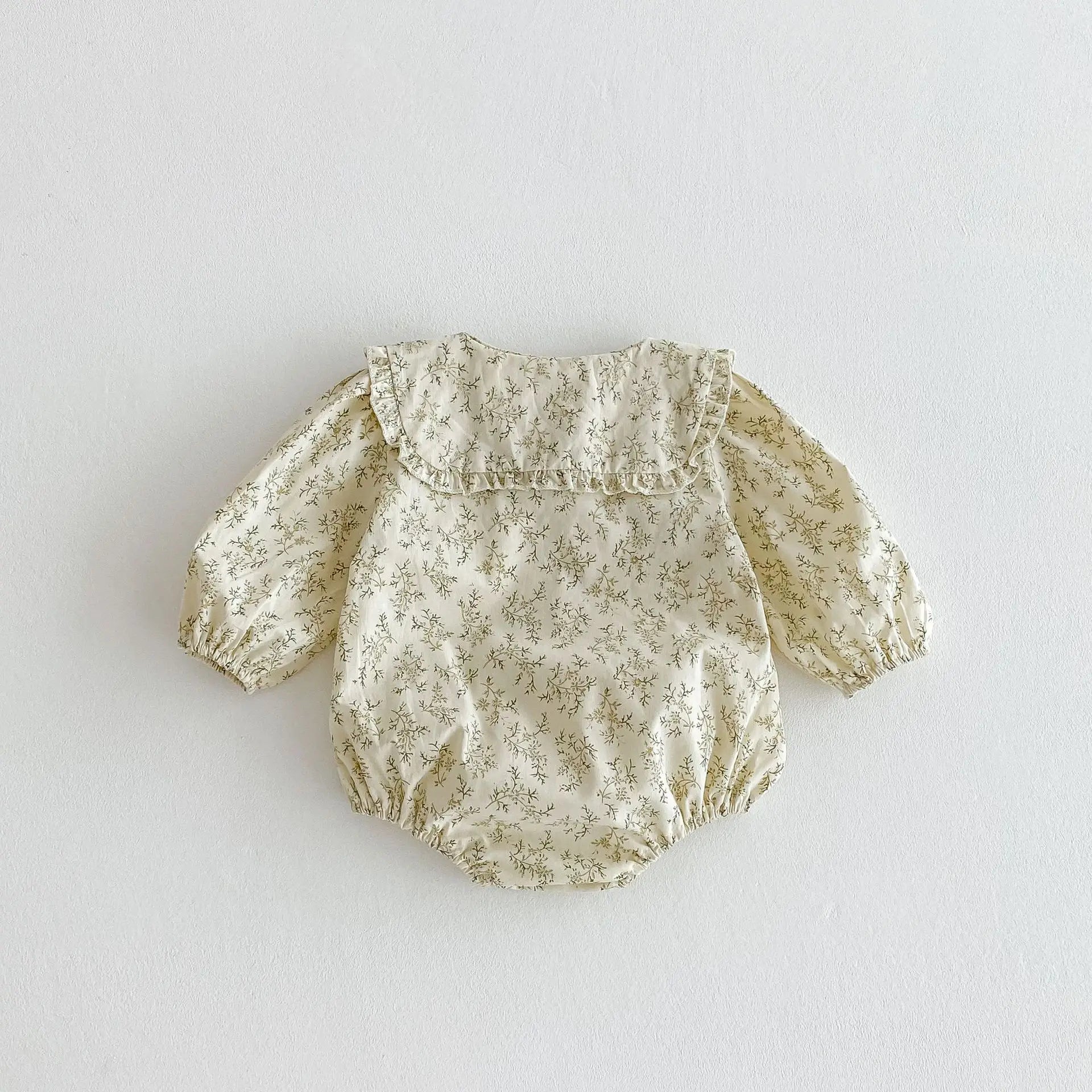 長袖ロンパース キッズロンパース フラワープリント丸襟リボン長袖パフスリーブボディスーツ【mh0007532】