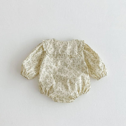 長袖ロンパース キッズロンパース フラワープリント丸襟リボン長袖パフスリーブボディスーツ【mh0007532】