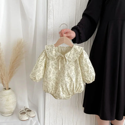 長袖ロンパース キッズロンパース フラワープリント丸襟リボン長袖パフスリーブボディスーツ【mh0007532】