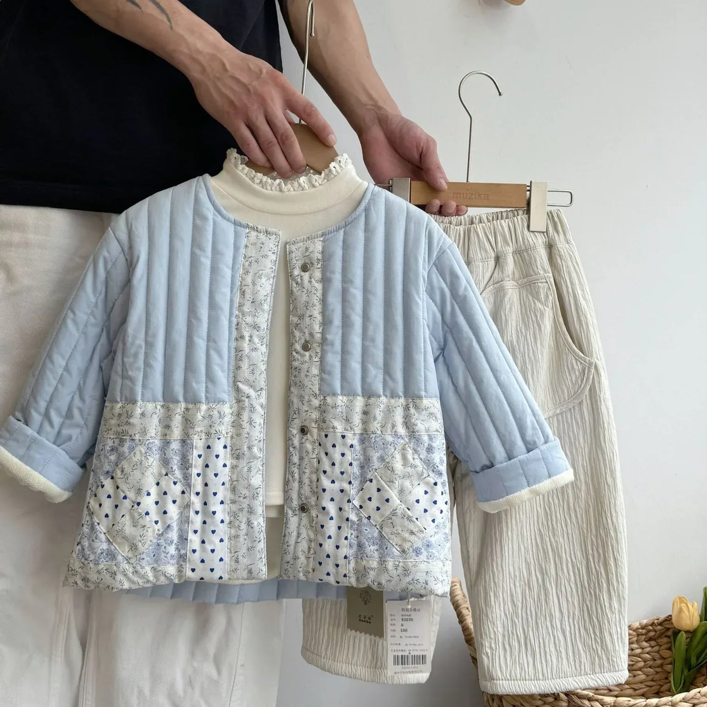 ショートコート・ジャケット・ジャンパー キッズアウター/パンツ キルティング裏ボアフリースフラワーパッチワークノーカラージャケットコート/ロングルーズパンツ【mh0007533】