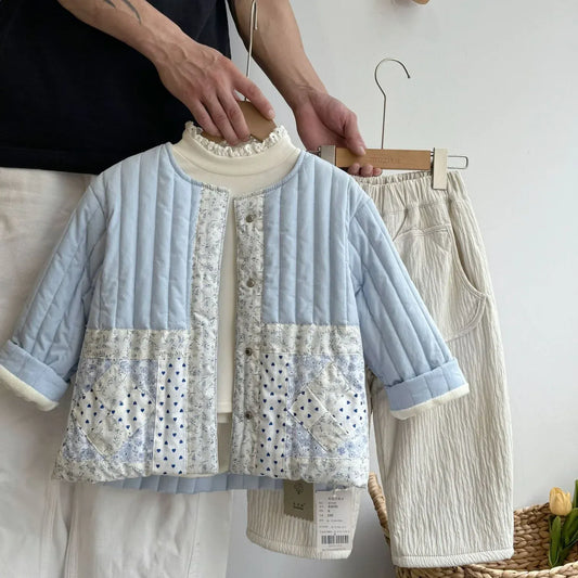 ショートコート・ジャケット・ジャンパー キッズアウター/パンツ キルティング裏ボアフリースフラワーパッチワークノーカラージャケットコート/ロングルーズパンツ【mh0007533】