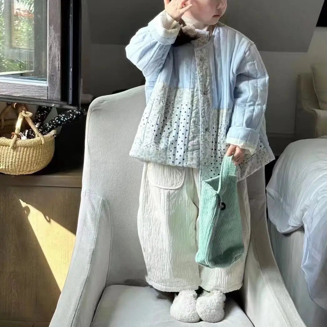 ショートコート・ジャケット・ジャンパー キッズアウター/パンツ キルティング裏ボアフリースフラワーパッチワークノーカラージャケットコート/ロングルーズパンツ【mh0007533】