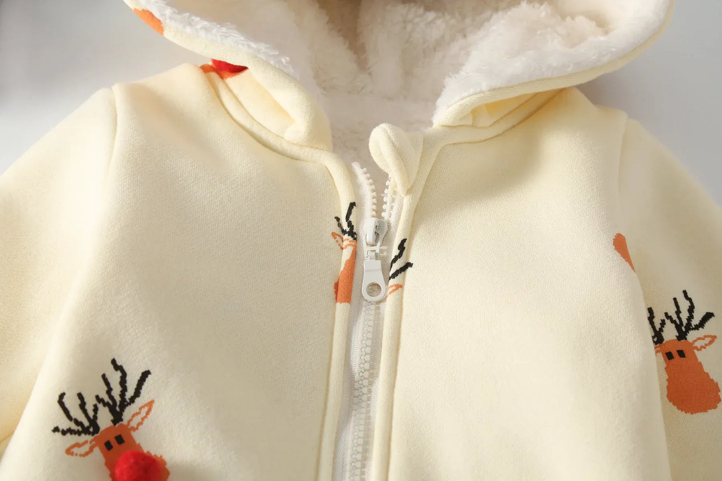 アウタージャンプスーツ ベビーアウタージャンプスーツ トナカイプリントポンポン付きとんがりフーディ裏フリースジップアップ長袖ロンパース【mh0007544】