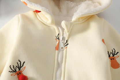 アウタージャンプスーツ ベビーアウタージャンプスーツ トナカイプリントポンポン付きとんがりフーディ裏フリースジップアップ長袖ロンパース【mh0007544】
