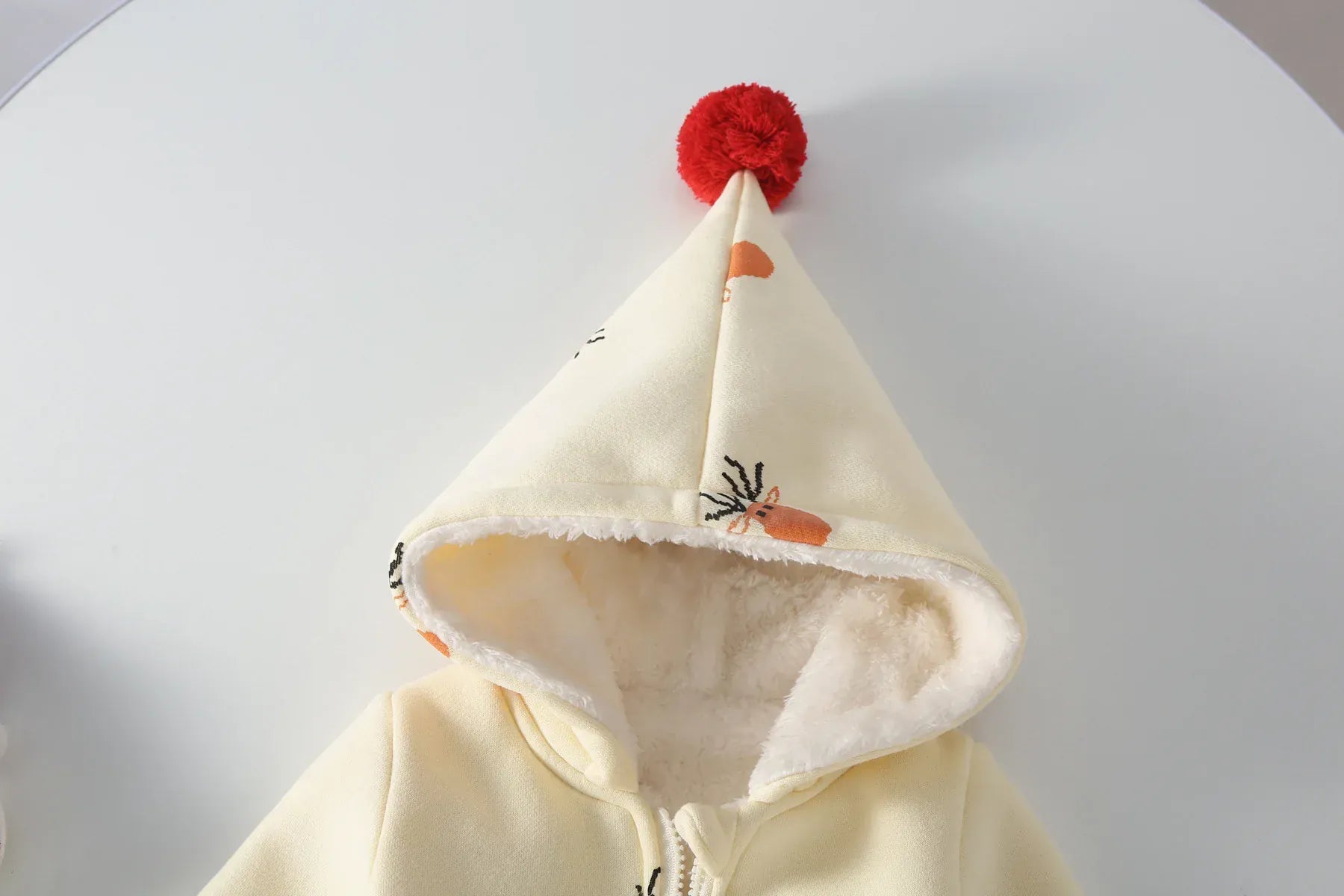 アウタージャンプスーツ ベビーアウタージャンプスーツ トナカイプリントポンポン付きとんがりフーディ裏フリースジップアップ長袖ロンパース【mh0007544】