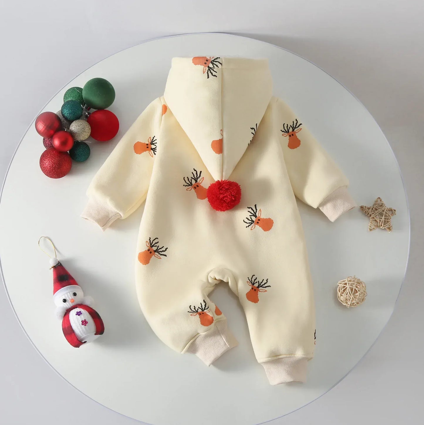 アウタージャンプスーツ ベビーアウタージャンプスーツ トナカイプリントポンポン付きとんがりフーディ裏フリースジップアップ長袖ロンパース【mh0007544】