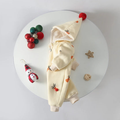 アウタージャンプスーツ ベビーアウタージャンプスーツ トナカイプリントポンポン付きとんがりフーディ裏フリースジップアップ長袖ロンパース【mh0007544】