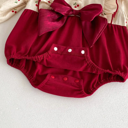 長袖ロンパース ベビーロンパース チェリープリントフリルリボン長袖ボディスーツ【mh0007547】