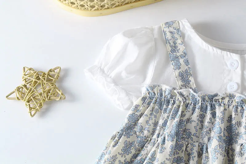 長袖ロンパース ベビーロンパース フラワープリントワンピースドッキング長袖/半袖ボディスーツ+ボンネット帽子セット【mh0007548】