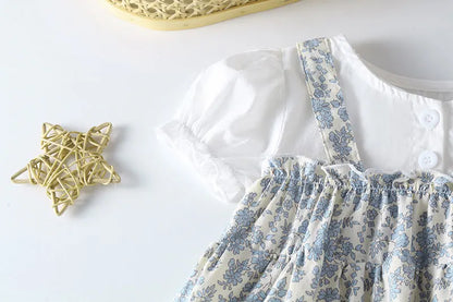 長袖ロンパース ベビーロンパース フラワープリントワンピースドッキング長袖/半袖ボディスーツ+ボンネット帽子セット【mh0007548】