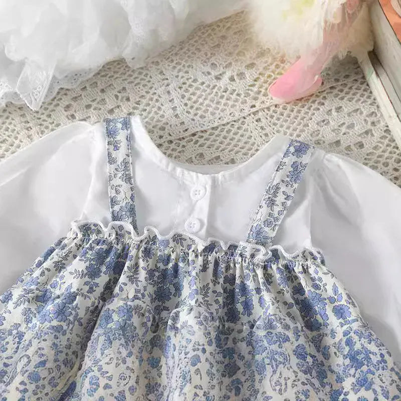 長袖ロンパース ベビーロンパース フラワープリントワンピースドッキング長袖/半袖ボディスーツ+ボンネット帽子セット【mh0007548】