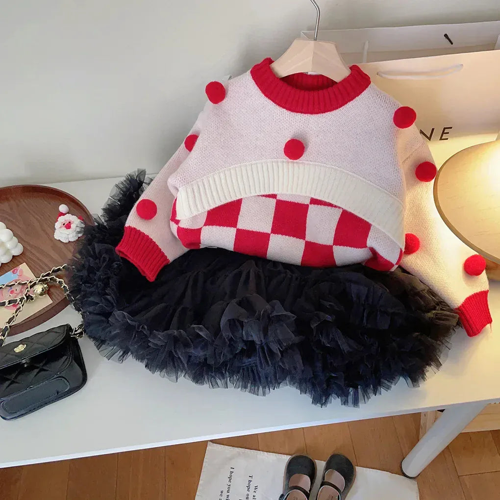 ニット・セーター キッズトップス クリスマスカラーチェックぽんぽん付きニットセーター【mh0007558】