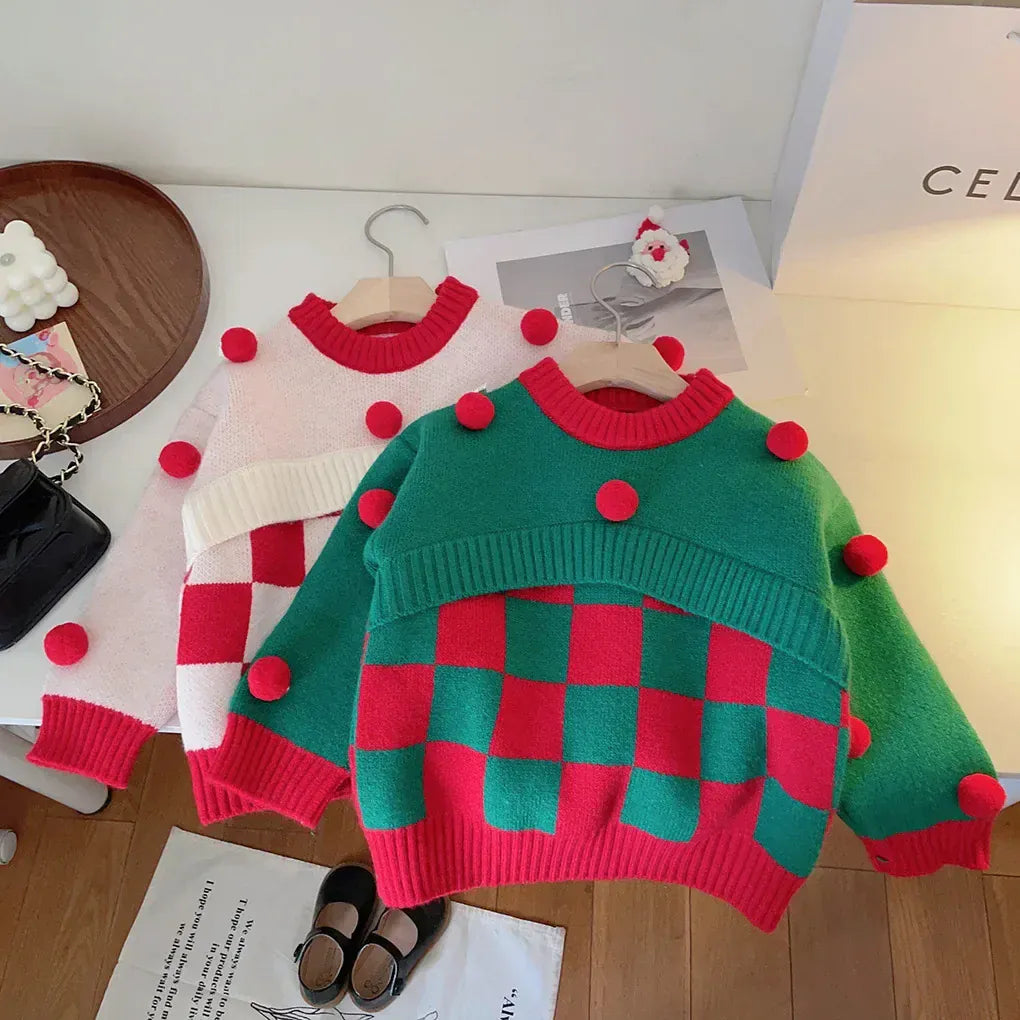 ニット・セーター キッズトップス クリスマスカラーチェックぽんぽん付きニットセーター【mh0007558】