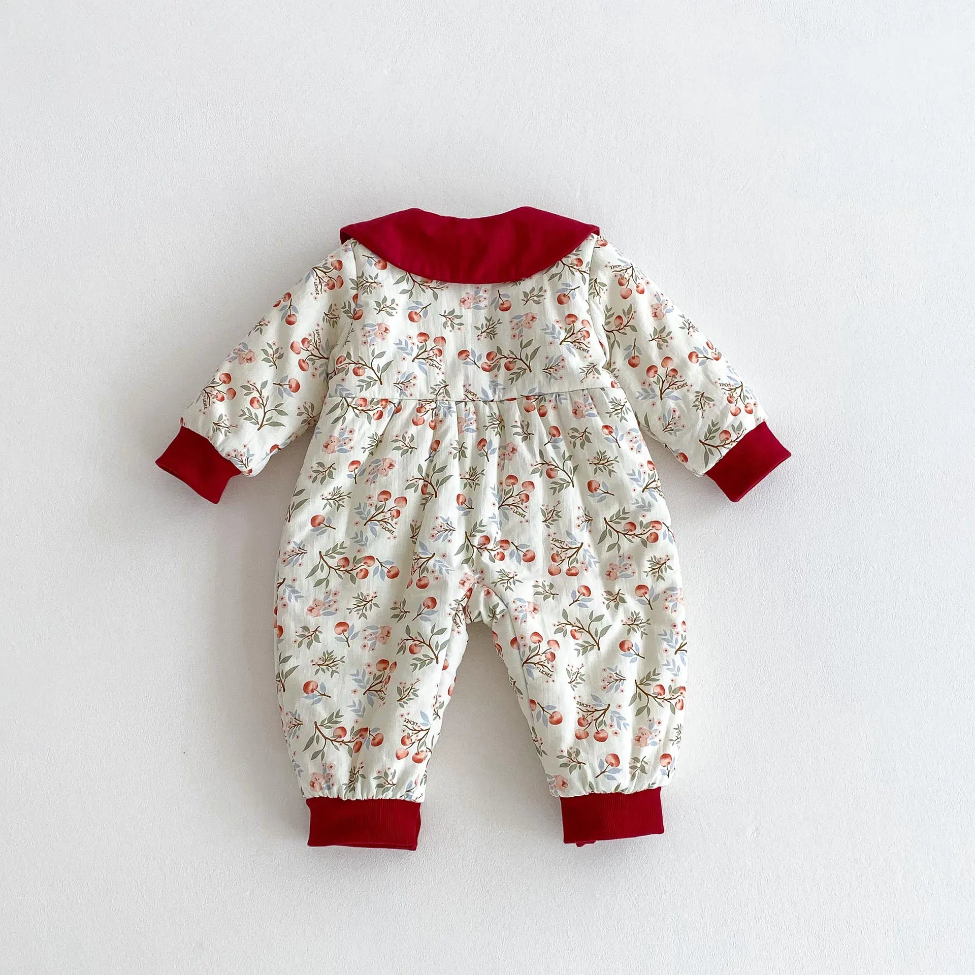 アウタージャンプスーツ ベビーアウタージャンプスーツ チェリーさくらんぼプリントリボン襟付き長袖厚手ロンパース【mh0007613】