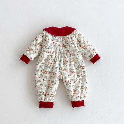 アウタージャンプスーツ ベビーアウタージャンプスーツ チェリーさくらんぼプリントリボン襟付き長袖厚手ロンパース【mh0007613】