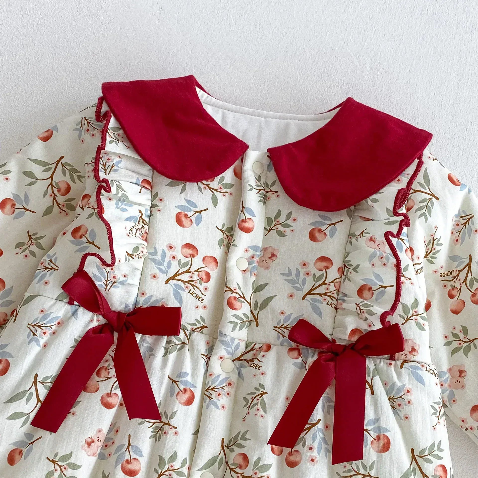 アウタージャンプスーツ ベビーアウタージャンプスーツ チェリーさくらんぼプリントリボン襟付き長袖厚手ロンパース【mh0007613】