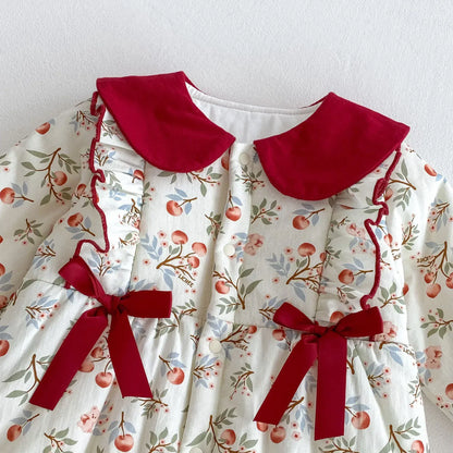 アウタージャンプスーツ ベビーアウタージャンプスーツ チェリーさくらんぼプリントリボン襟付き長袖厚手ロンパース【mh0007613】