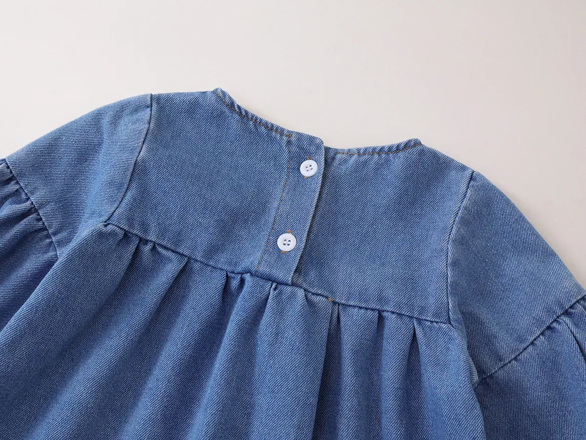 長袖ワンピース キッズワンピース フラワー刺繍デニム長袖ワンピース【mh0007614】