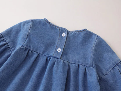 長袖ワンピース キッズワンピース フラワー刺繍デニム長袖ワンピース【mh0007614】