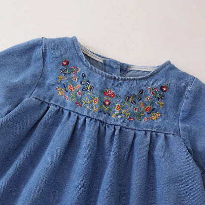 長袖ワンピース キッズワンピース フラワー刺繍デニム長袖ワンピース【mh0007614】