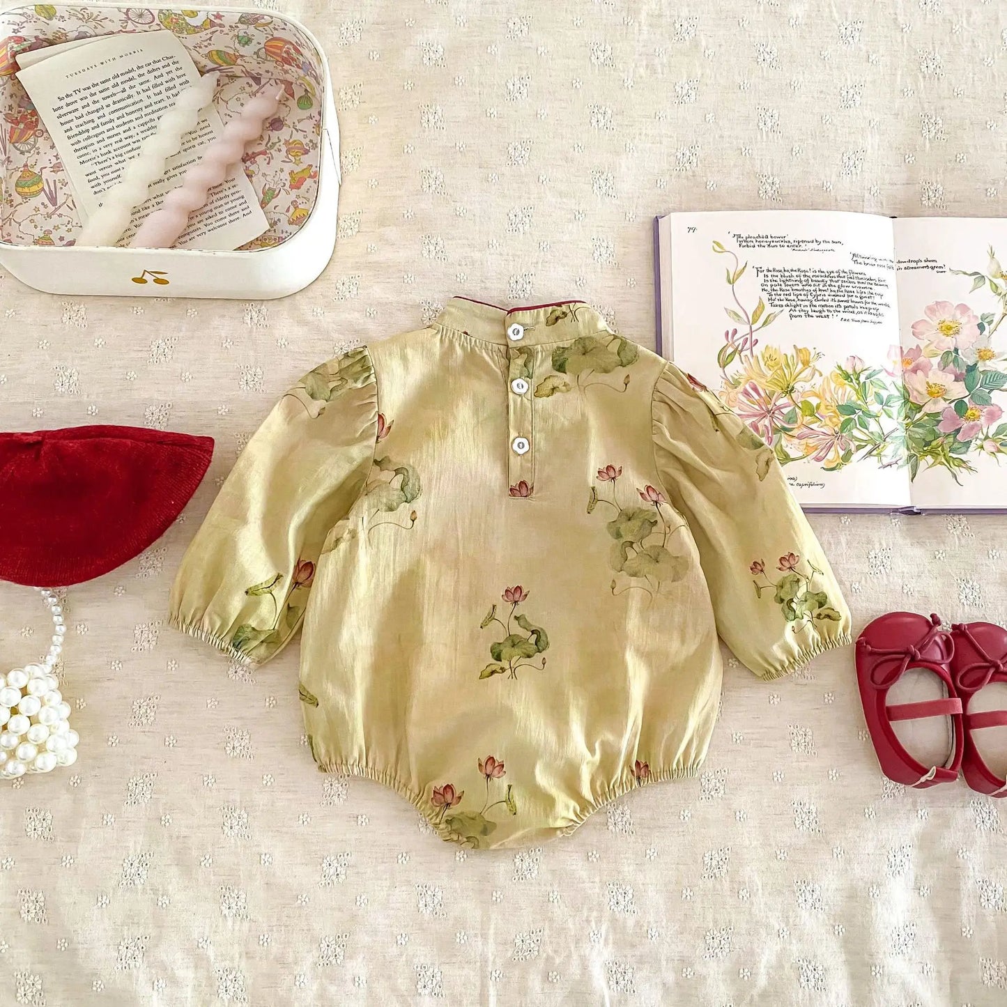 長袖ロンパース ベビーロンパース ロータスフラワープリント長袖チャイナドレスボディスーツ【mh0007625】