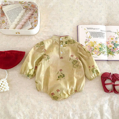 長袖ロンパース ベビーロンパース ロータスフラワープリント長袖チャイナドレスボディスーツ【mh0007625】