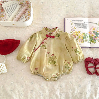 長袖ロンパース ベビーロンパース ロータスフラワープリント長袖チャイナドレスボディスーツ【mh0007625】