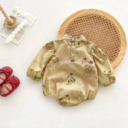 長袖ロンパース ベビーロンパース ロータスフラワープリント長袖チャイナドレスボディスーツ【mh0007625】