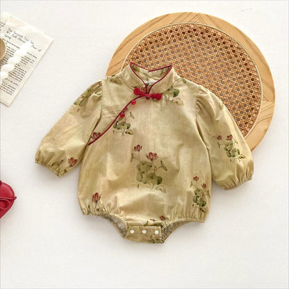 長袖ロンパース ベビーロンパース ロータスフラワープリント長袖チャイナドレスボディスーツ【mh0007625】