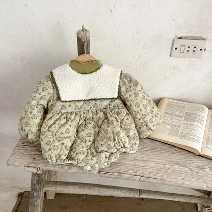 長袖ロンパース ベビーロンパース フラワープリントボアフリースセーラーカラーキルティング厚手長袖ボディスーツ【mh0007626】