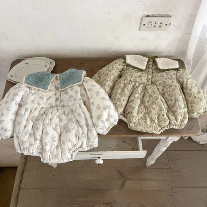 長袖ロンパース ベビーロンパース フラワープリントボアフリースセーラーカラーキルティング厚手長袖ボディスーツ【mh0007626】