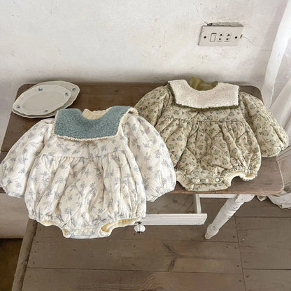 長袖ロンパース ベビーロンパース フラワープリントボアフリースセーラーカラーキルティング厚手長袖ボディスーツ【mh0007626】