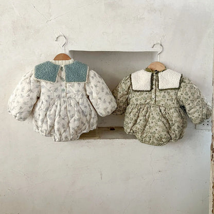 長袖ロンパース ベビーロンパース フラワープリントボアフリースセーラーカラーキルティング厚手長袖ボディスーツ【mh0007626】