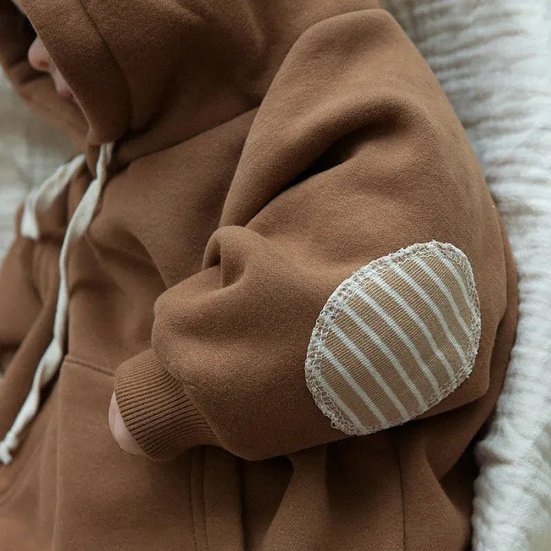 長袖ロンパース ベビーロンパース くま耳フーディフリースポケット付き長袖ボディスーツ【mh0007627】