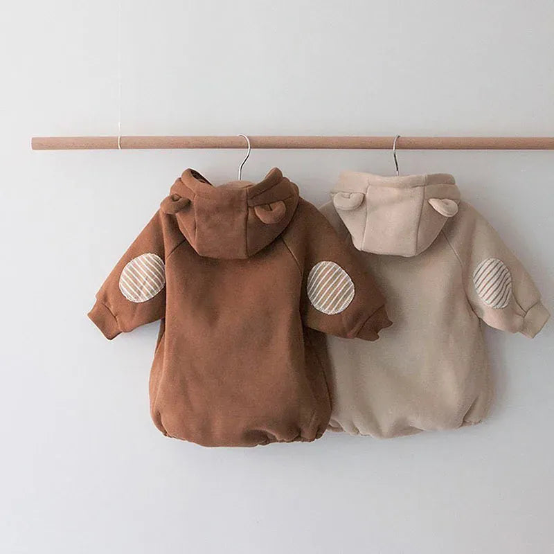 長袖ロンパース ベビーロンパース くま耳フーディフリースポケット付き長袖ボディスーツ【mh0007627】