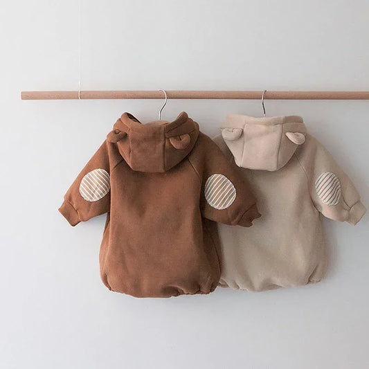 長袖ロンパース ベビーロンパース くま耳フーディフリースポケット付き長袖ボディスーツ【mh0007627】