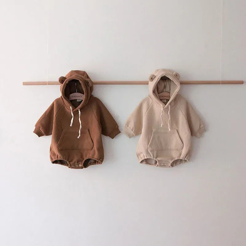 長袖ロンパース ベビーロンパース くま耳フーディフリースポケット付き長袖ボディスーツ【mh0007627】