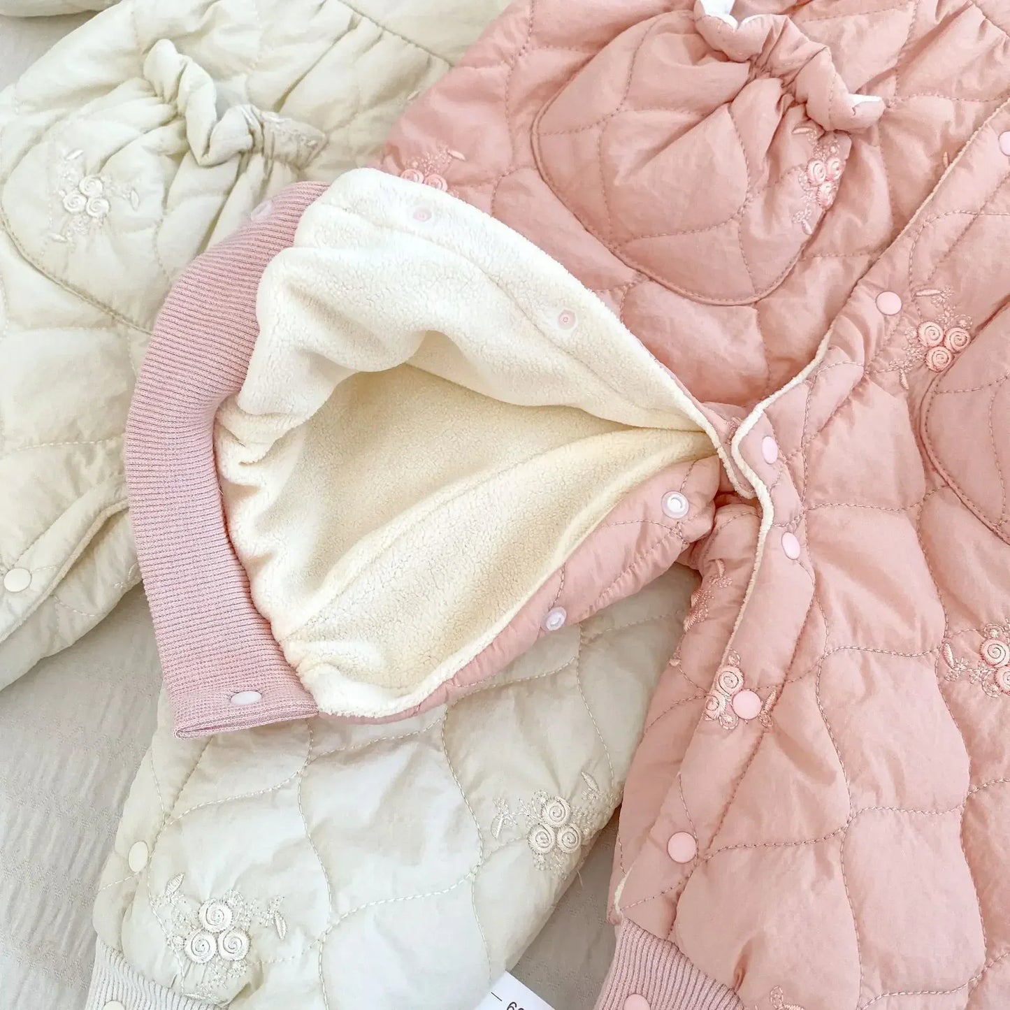 アウタージャンプスーツ ベビーアウタージャンプスーツ ビッグ襟キルティング裏フリース長袖ボディスーツ【mh0007628】