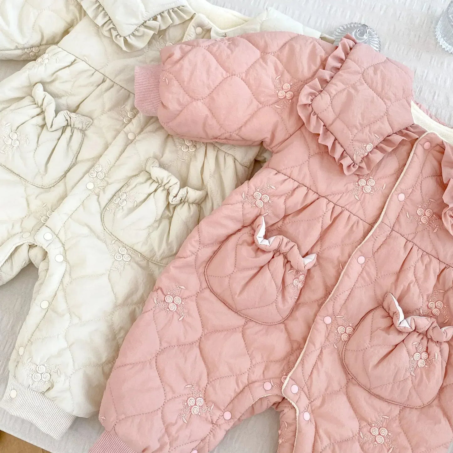 アウタージャンプスーツ ベビーアウタージャンプスーツ ビッグ襟キルティング裏フリース長袖ボディスーツ【mh0007628】