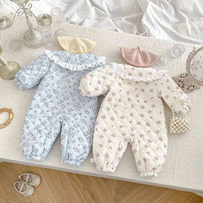 アウタージャンプスーツ ベビーアウタージャンプスーツ レース襟リボンフラワープリントキルティング裏フリース長袖ボディスーツ【mh0007629】